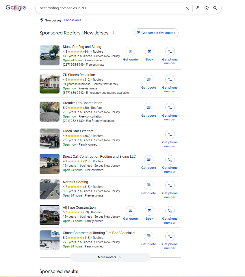 Google · Sponsored roofers — "best roofing companies in NJ"