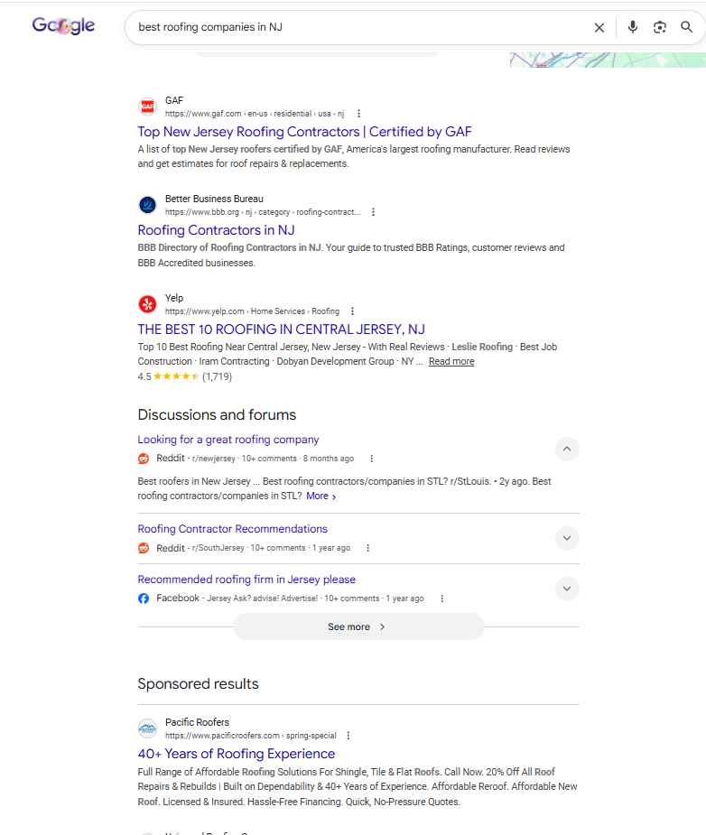 Google · Top organic — GAF, BBB, Yelp own the top